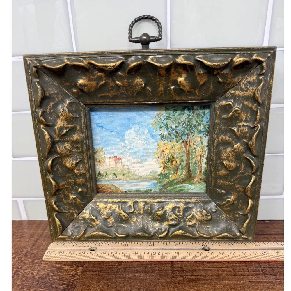 VTG Miniature European Landscape Painting Ornate Olive Gold Frame